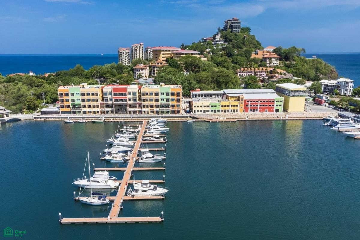 A marina and waterfront buildings below a lush coastal hill.