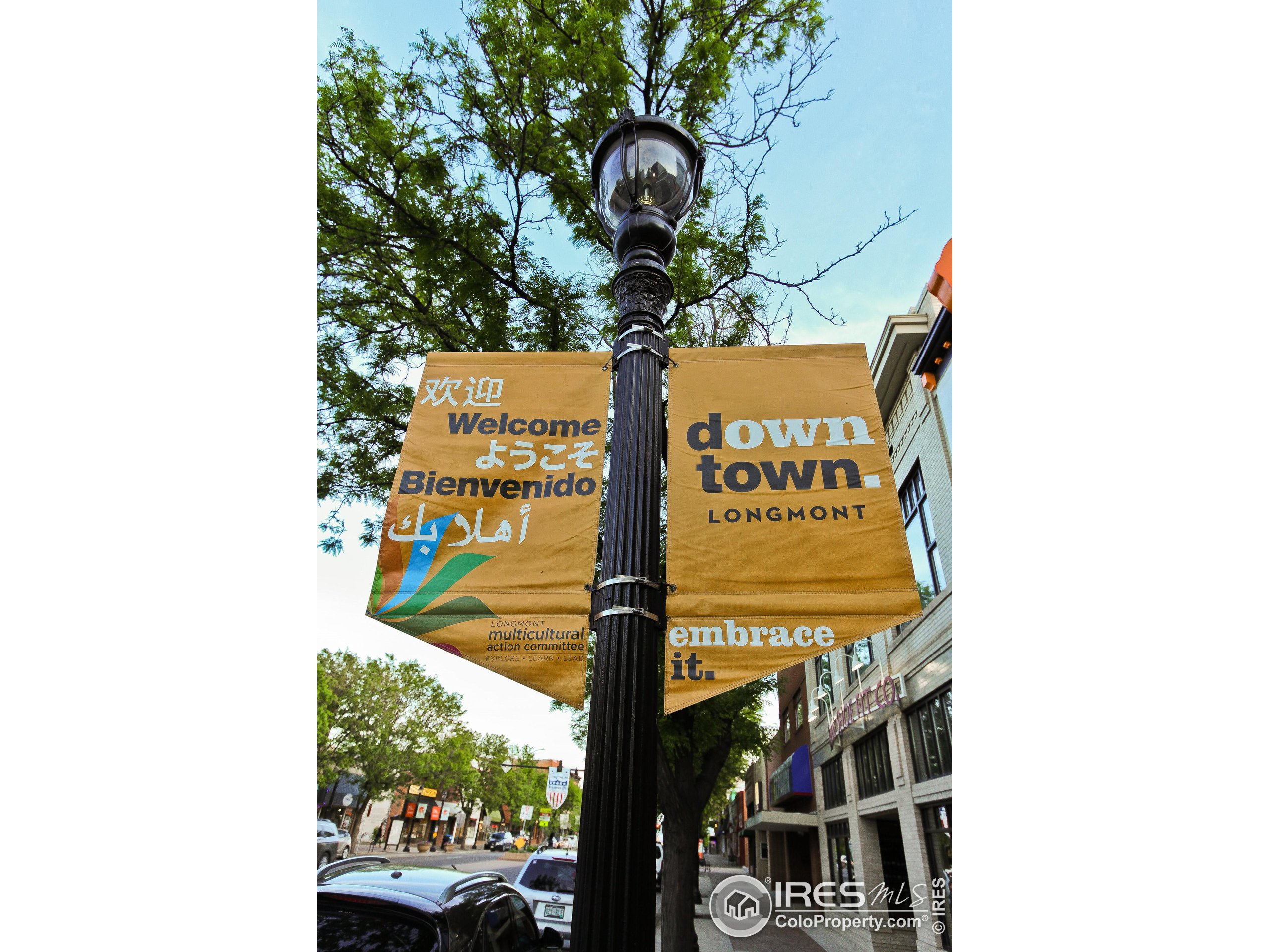 Downtown Longmont welcome banners on a lamppost, with storefronts and leafy trees along the street.