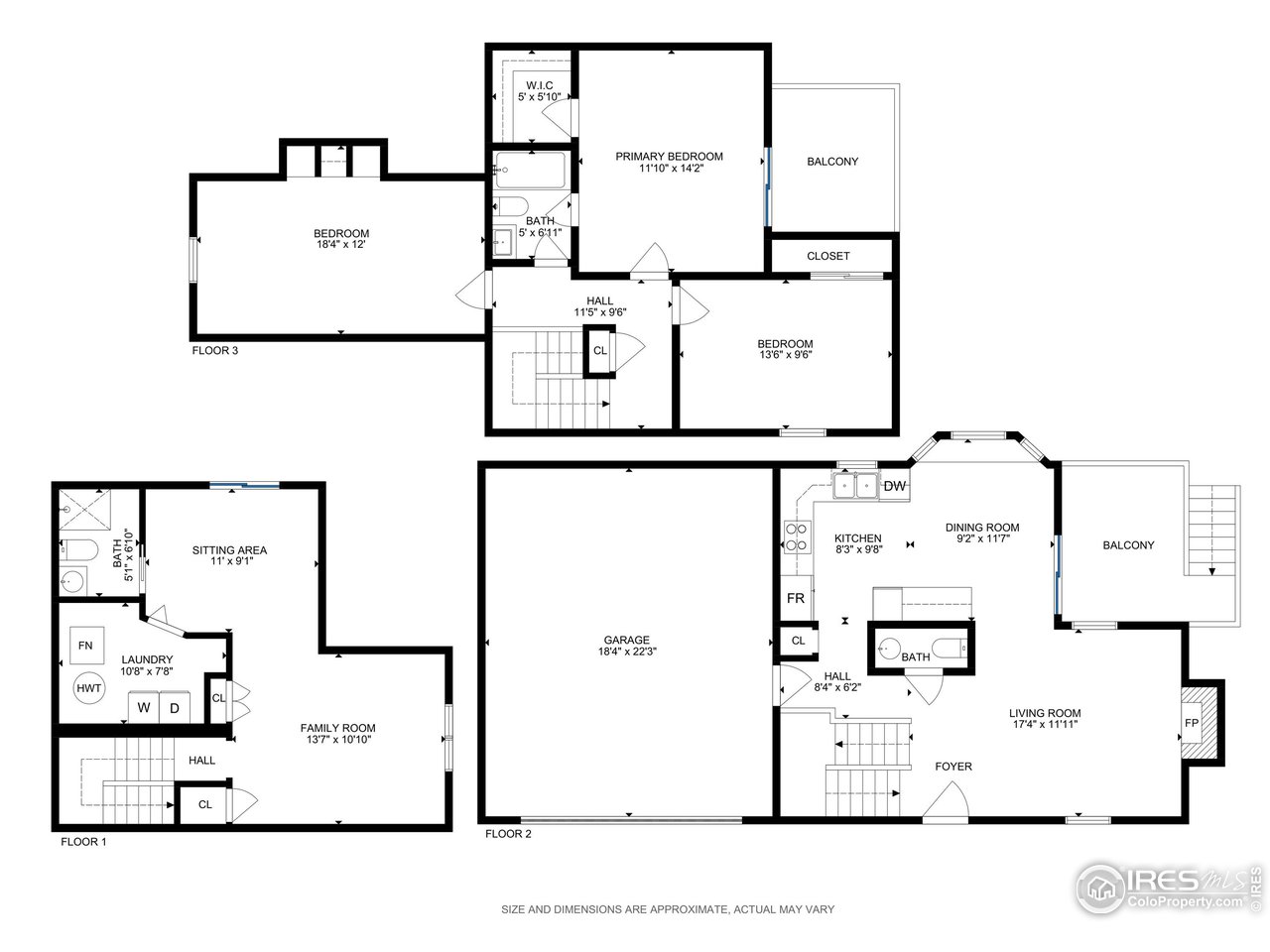 Three-level home floor plan with labeled rooms, approximate dimensions, stairs, garage, and two balconies.