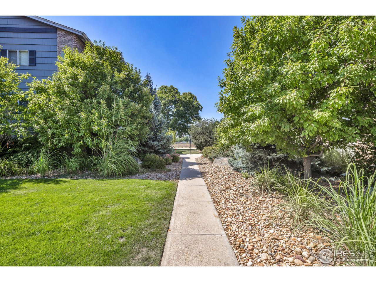 Concrete walkway through landscaped grounds beside a residential building, bordered by lawn, shrubs, and mature trees.