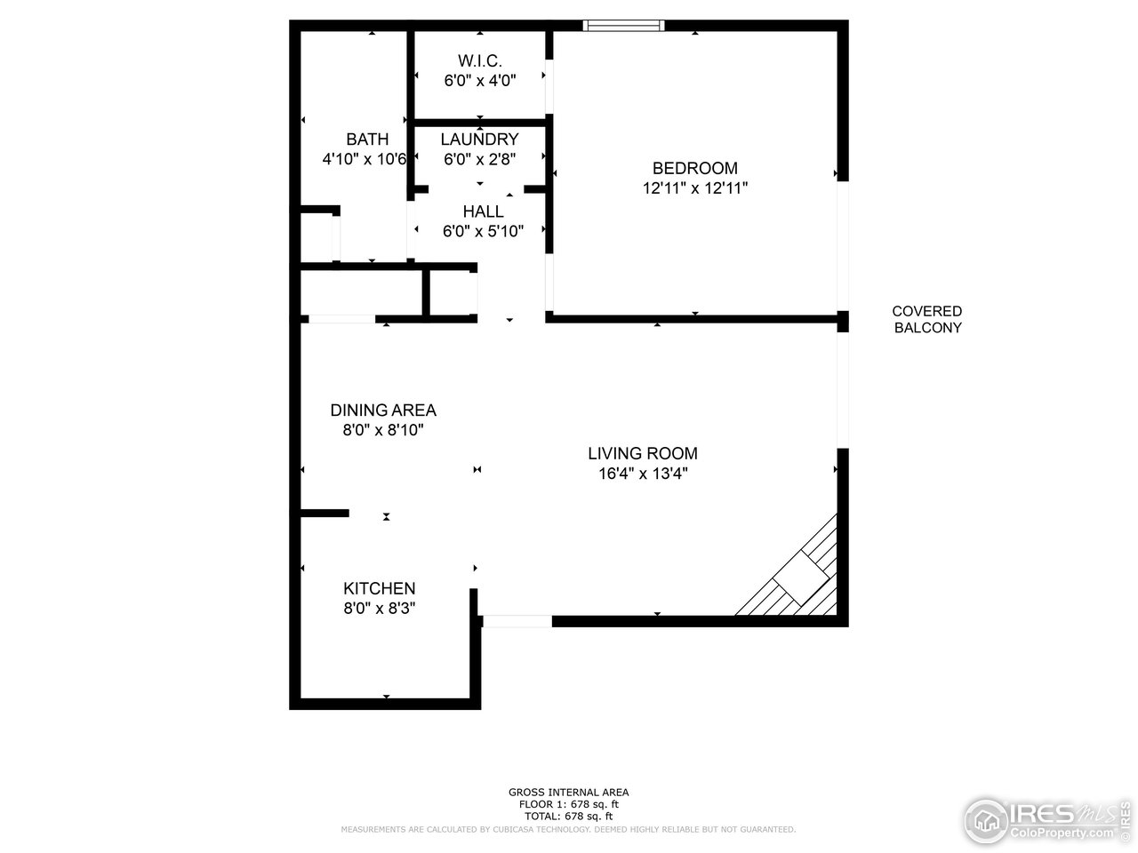 Floor plan showing one bedroom, living and dining areas, kitchen, bathroom, laundry, and covered balcony.