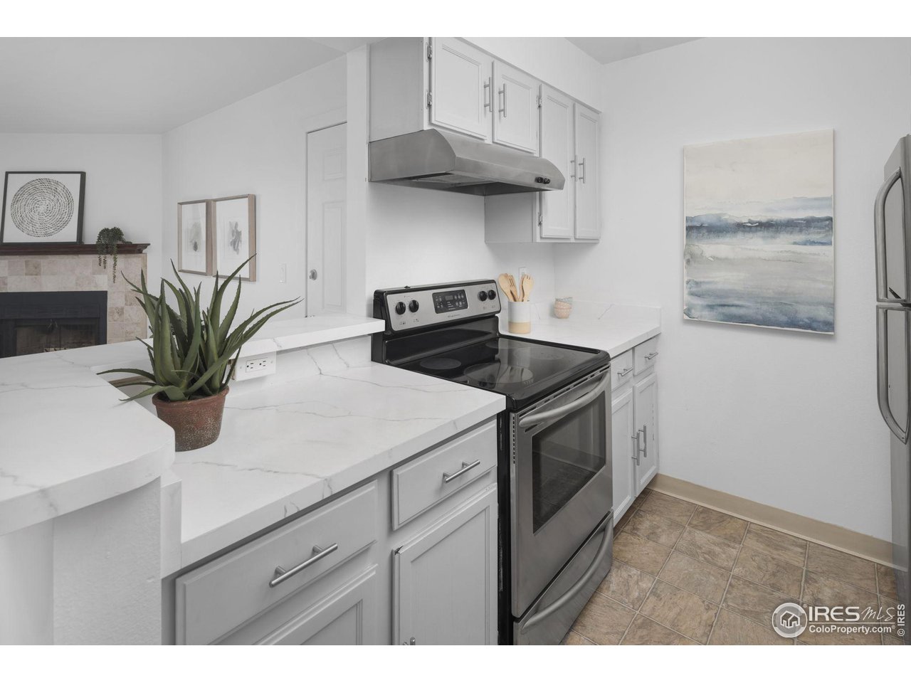 Kitchen with white cabinetry and countertops, stainless-steel range, and a potted plant on the counter.