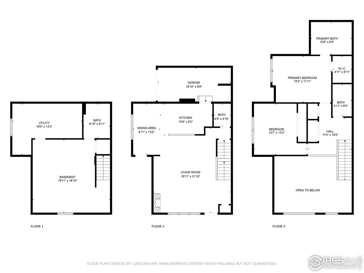 Three-level floor plan showing a basement, living areas, garage, bedrooms, bathrooms, and an open-to-below area.