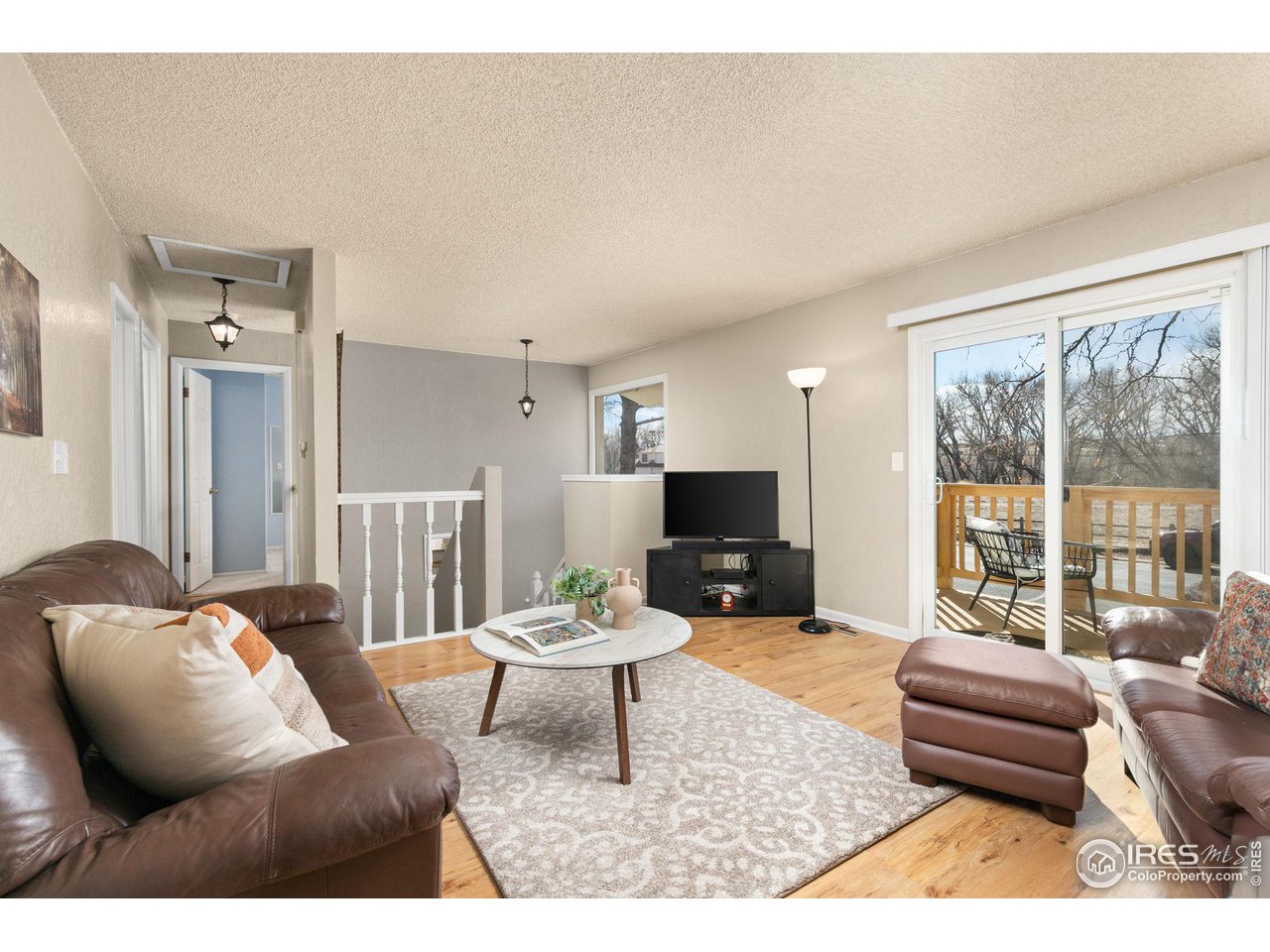 Living room with brown leather seating, a patterned rug, and sliding doors to a wooden deck.