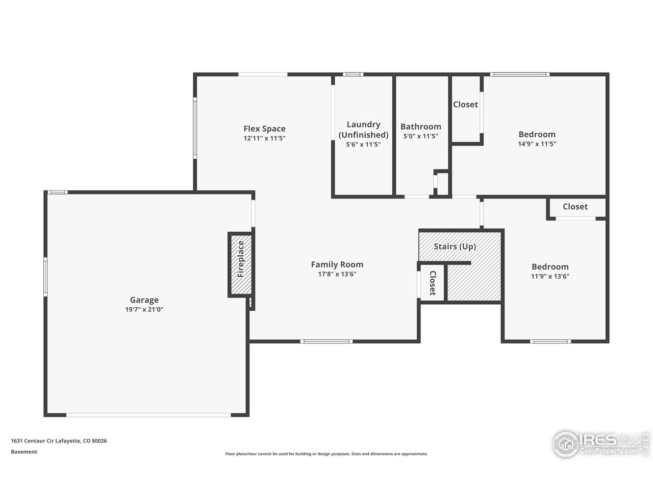 Basement floor plan with garage, family room, flex space, unfinished laundry, bathroom, and two bedrooms.