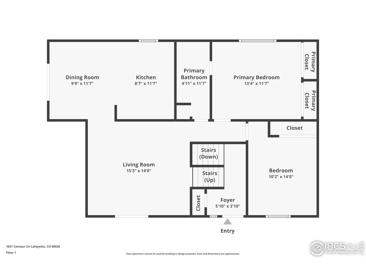 First-floor plan showing two bedrooms, dining room, kitchen, living room, and entry.