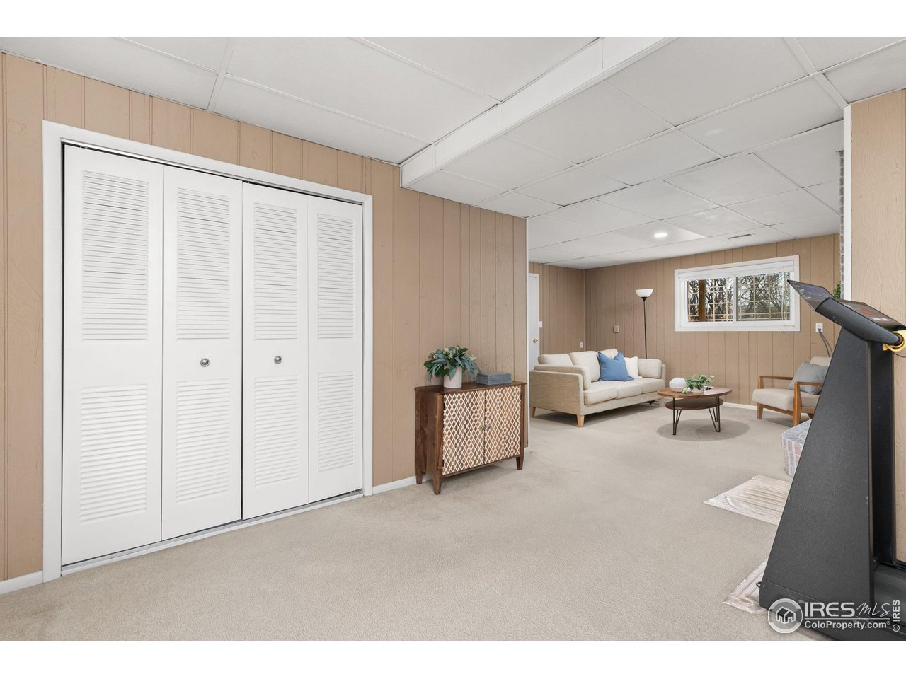Furnished recreation room with beige carpet, louvered closet doors, a sofa, and exercise equipment.