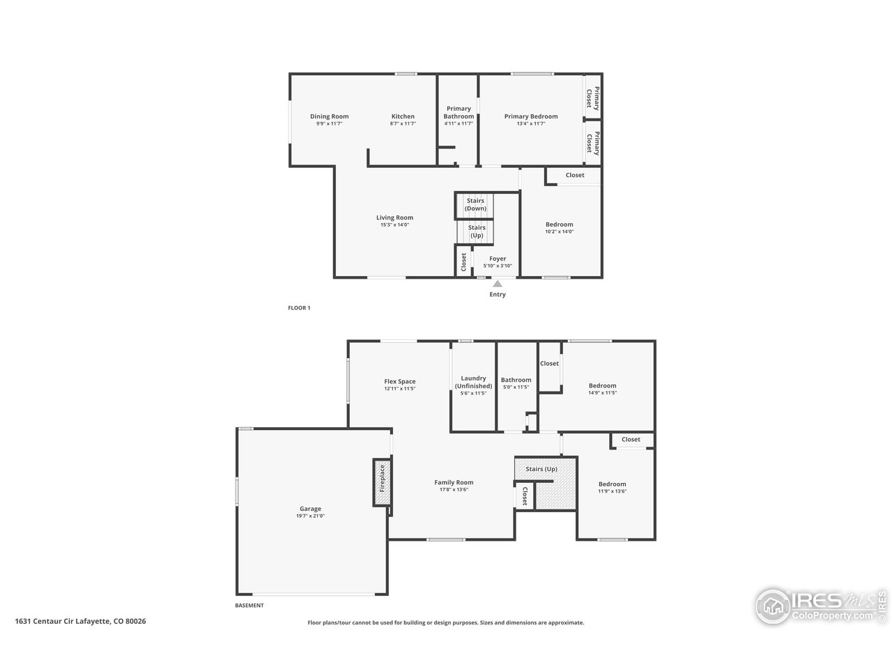 First-floor and basement plans for 1631 Centaur Cir, with labeled rooms, approximate dimensions, garage, and stairs.