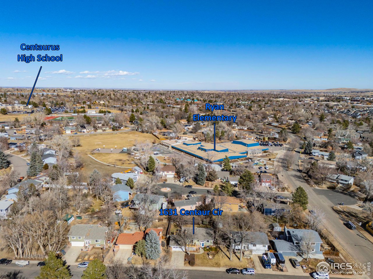 Aerial view of 1631 Centaur Cir and nearby schools, including Centaurus High School and Ryan Elementary.