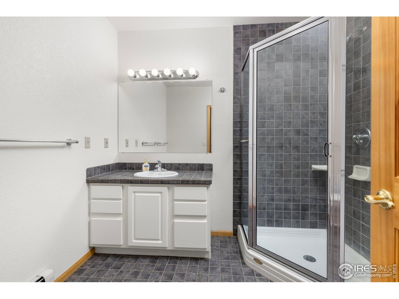 Bathroom with a white vanity and a glass-enclosed shower lined with dark gray tile.