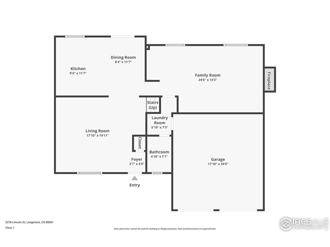 First-floor plan of 2218 Lincoln St, with labeled rooms and an attached garage.
