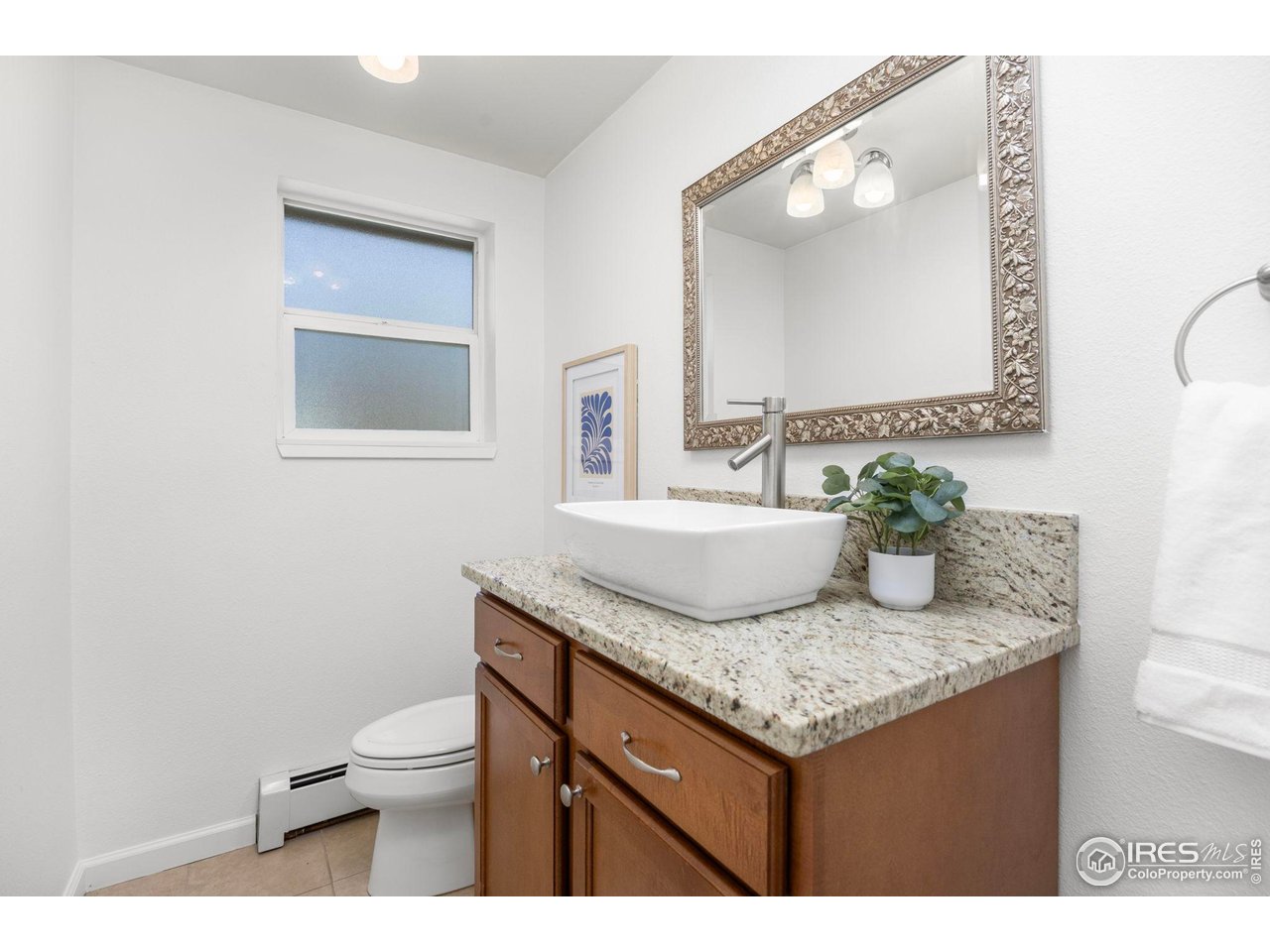 Bathroom vanity with a white vessel sink, speckled stone countertop, and ornate framed mirror.