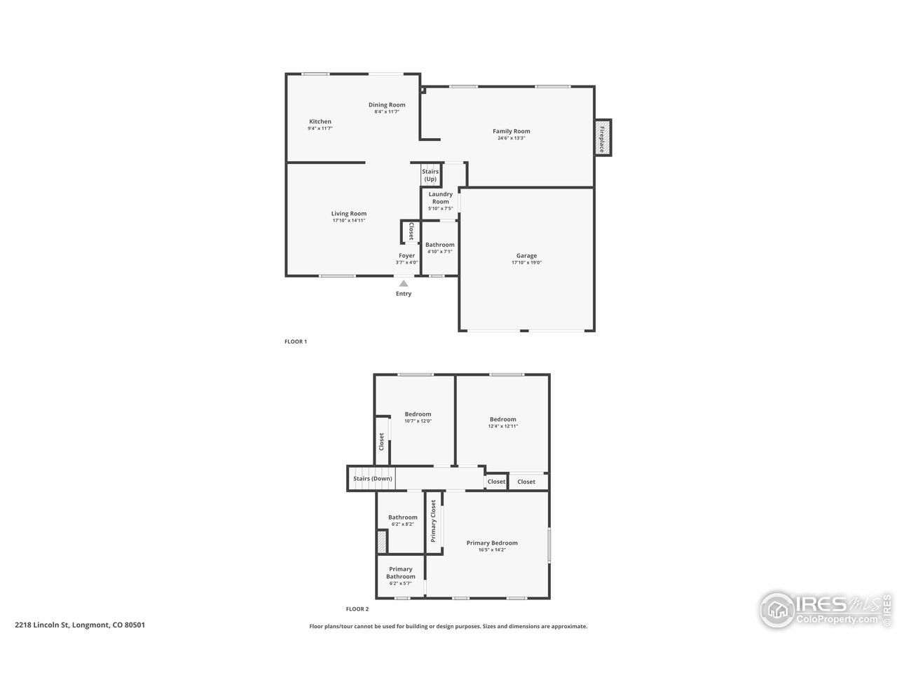 Two-level floor plan showing living spaces and garage downstairs, with three bedrooms and bathrooms upstairs.