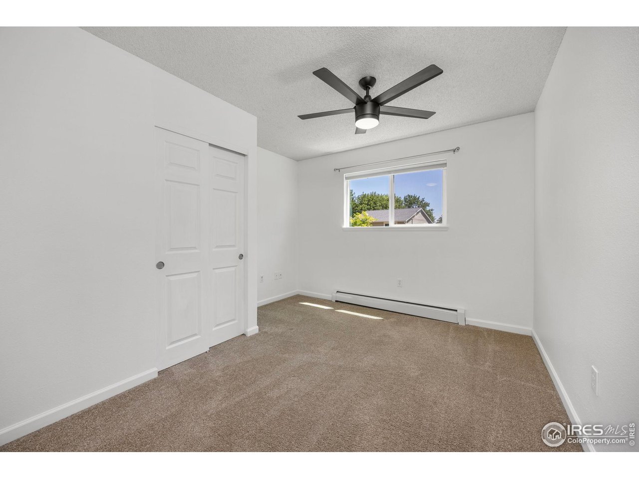 Empty bedroom with beige carpet, sliding closet doors, ceiling fan, and a window overlooking trees.