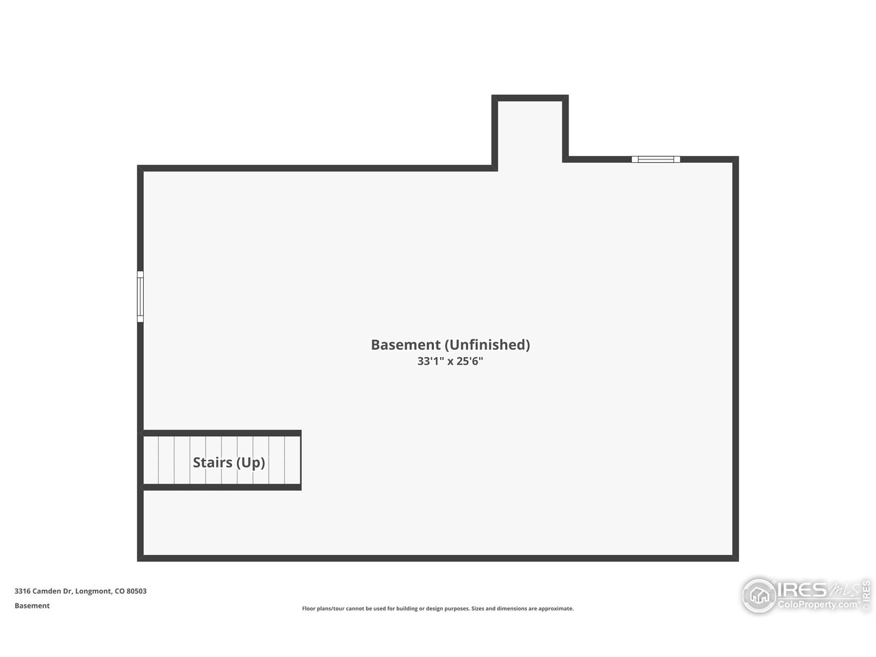 Unfinished basement floor plan with stairs at lower left and windows along two walls.