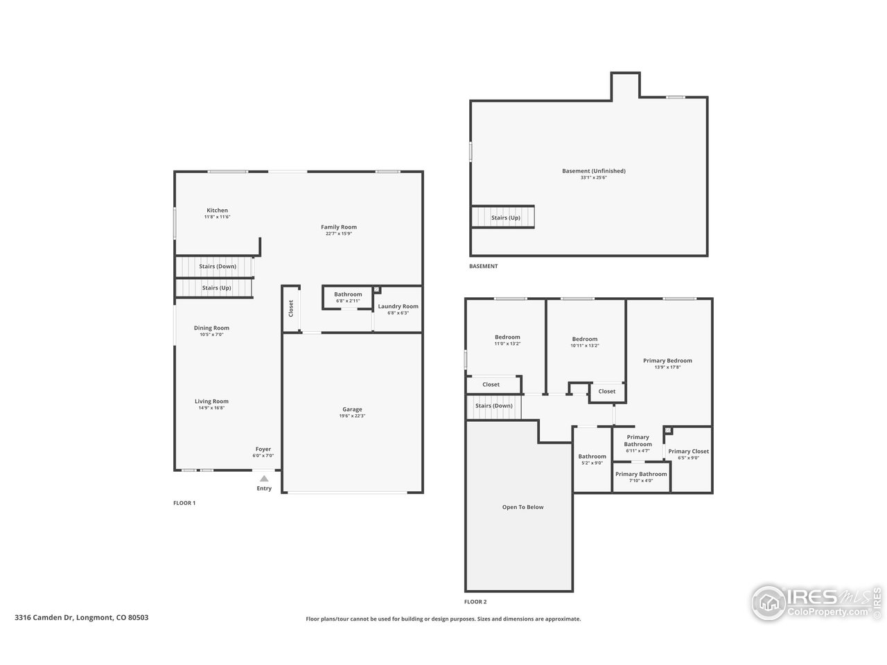 Floor plans showing the unfinished basement, main floor, and second floor of 3316 Camden Dr.