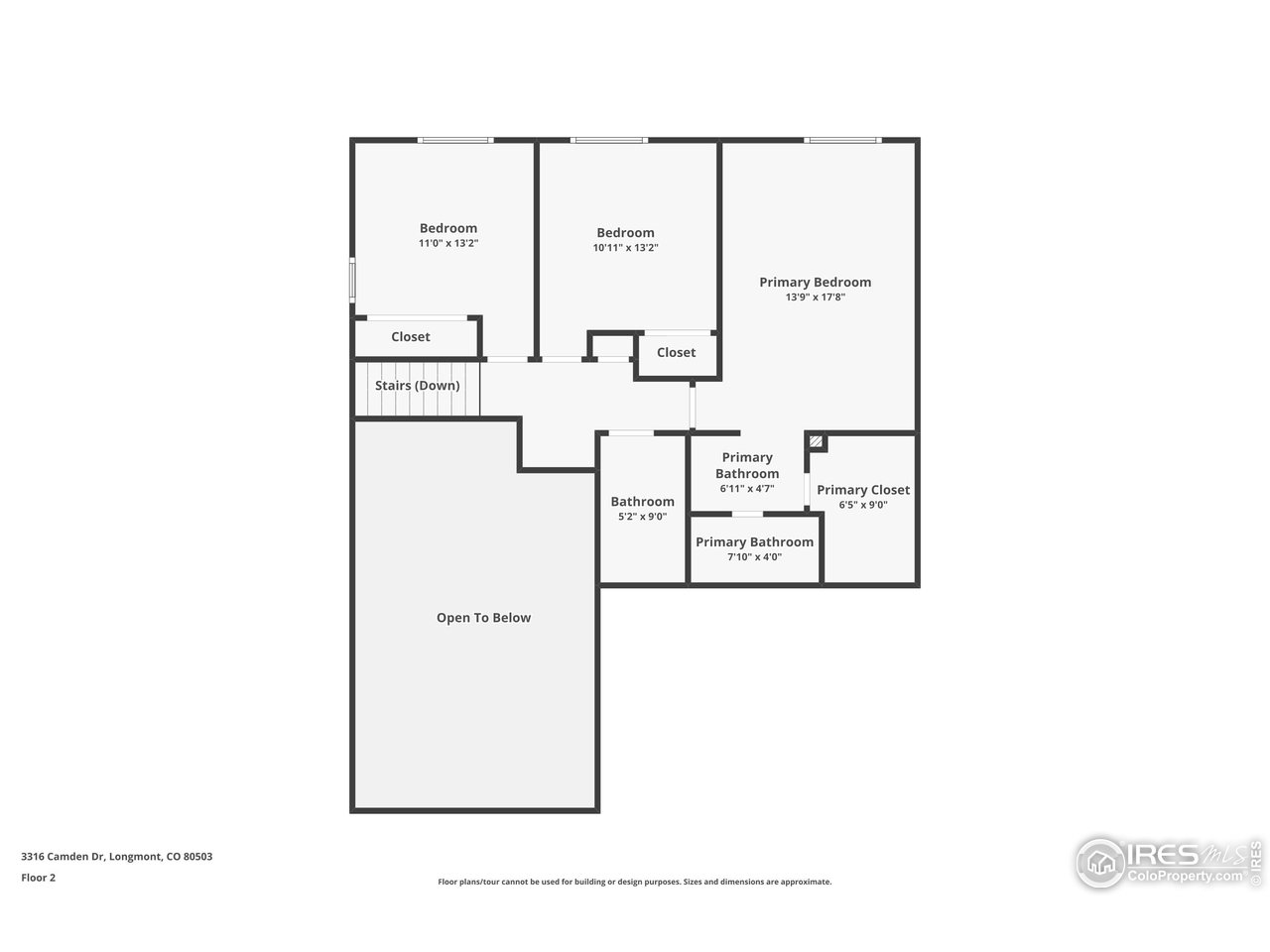 Second-floor plan with three bedrooms, bathrooms, closets, stairs, and an open-to-below area.