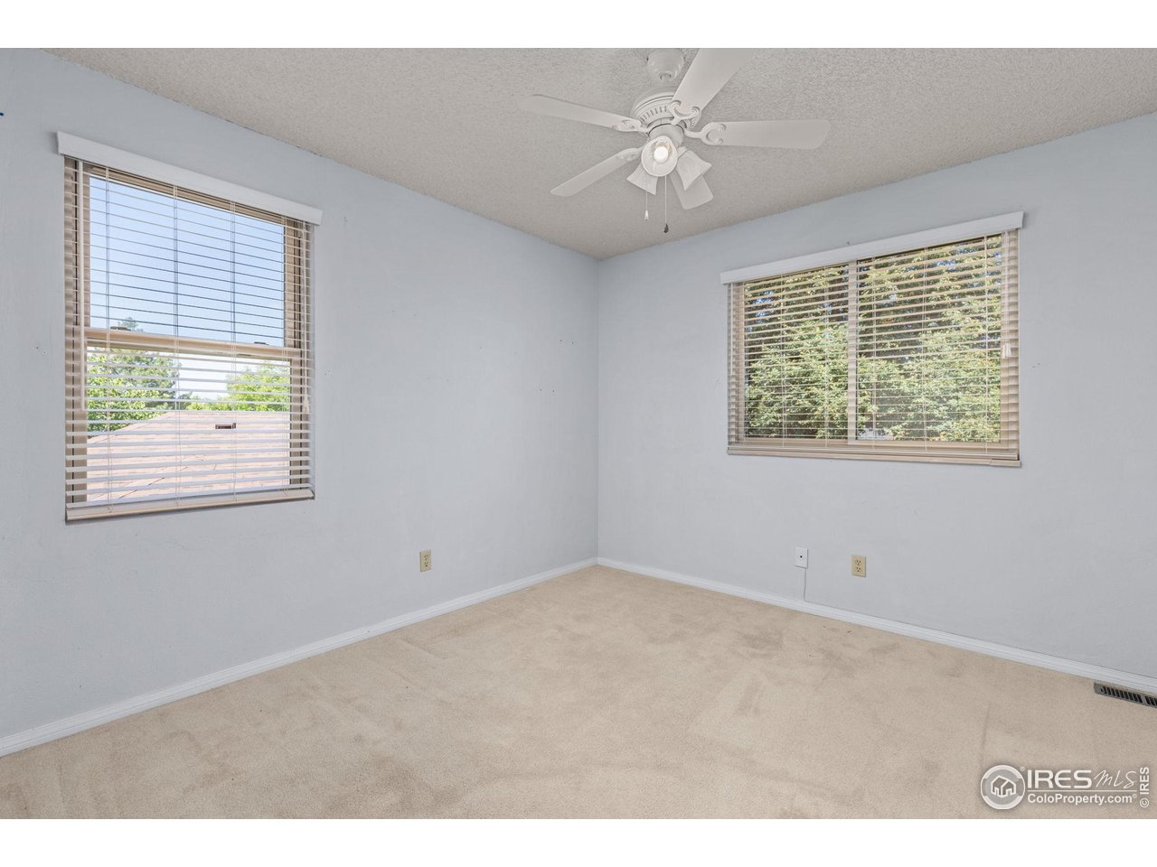Empty carpeted bedroom with two windows and a ceiling fan.