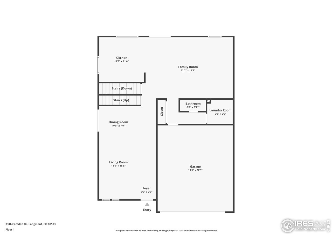 First-floor plan showing the kitchen, family and living rooms, dining room, bathroom, laundry room, garage, and entry.