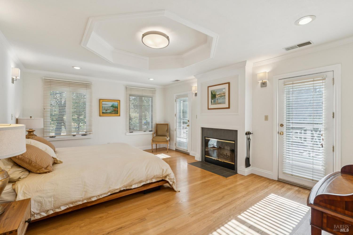 Bedroom with a large bed, hardwood floors, tray ceiling, and fireplace.