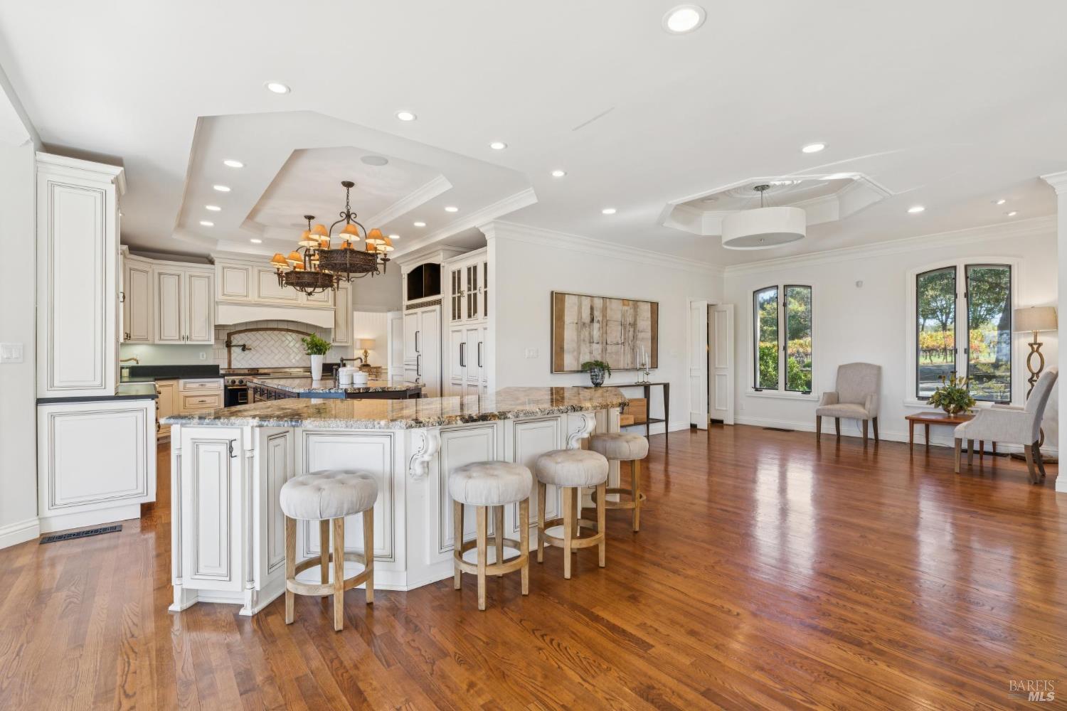 Furnished kitchen with a large granite island, white cabinetry, hardwood floors, and vineyard views through tall windows.
