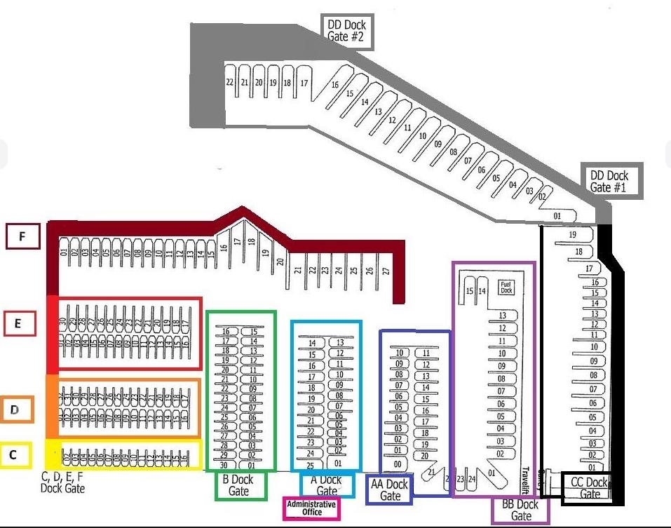Marina dock map with numbered boat slips and labeled gates, administrative office, fuel dock, and travelift.