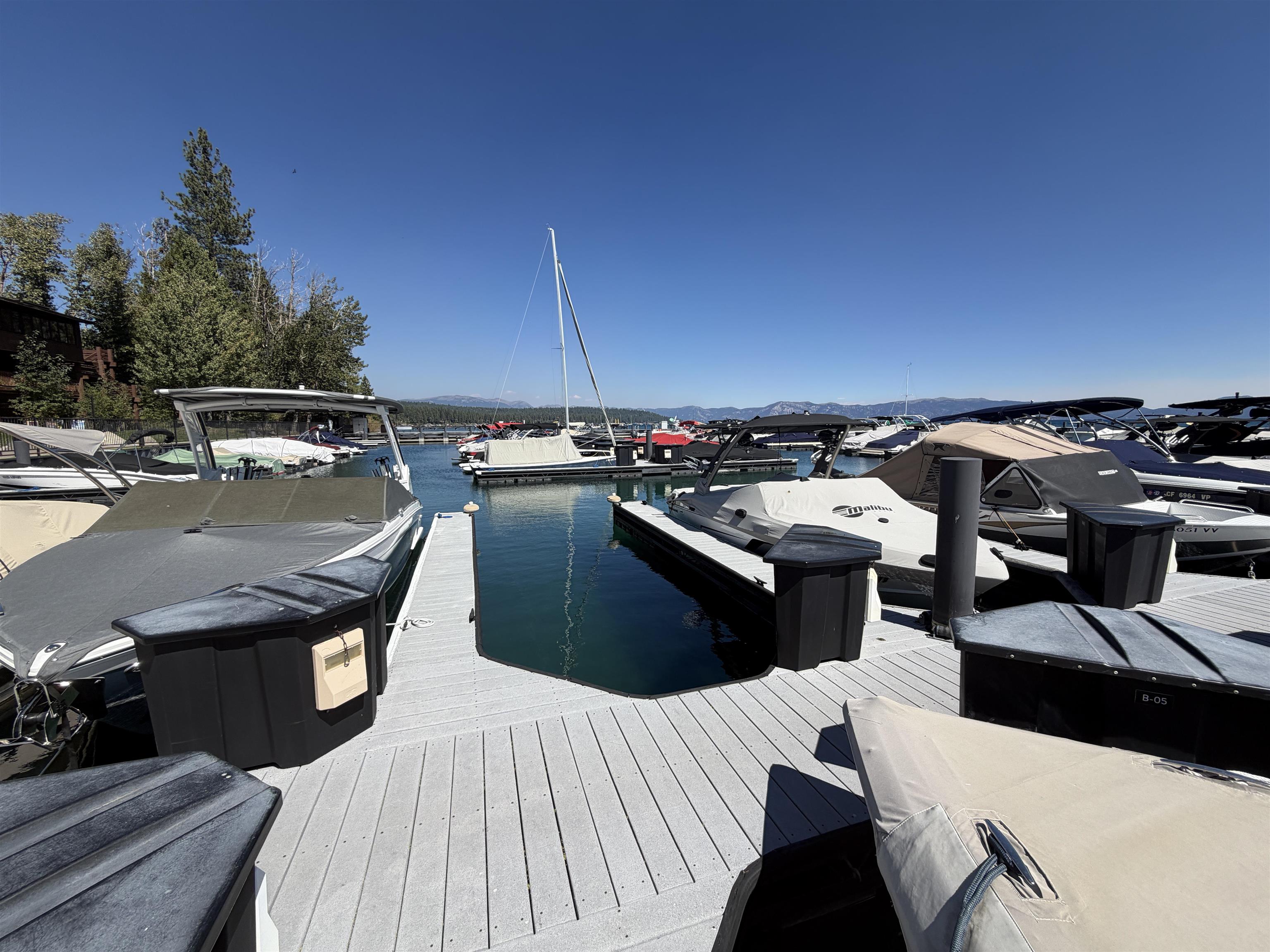 Marina dock lined with covered boats, with lake water and forested mountains in the distance.