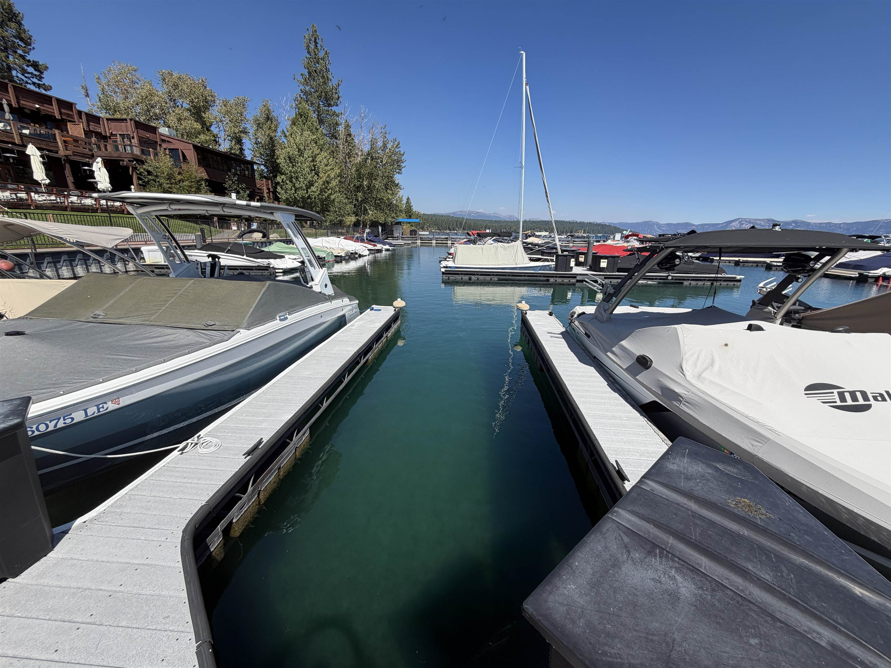 Marina docks between covered boats, with a lodge, lake, and forested mountains beyond.