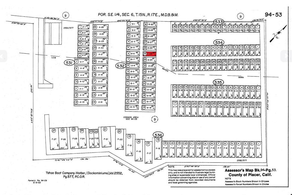 Assessor’s map of Tahoe Boat Company Harbor with slip B-25 highlighted in red.