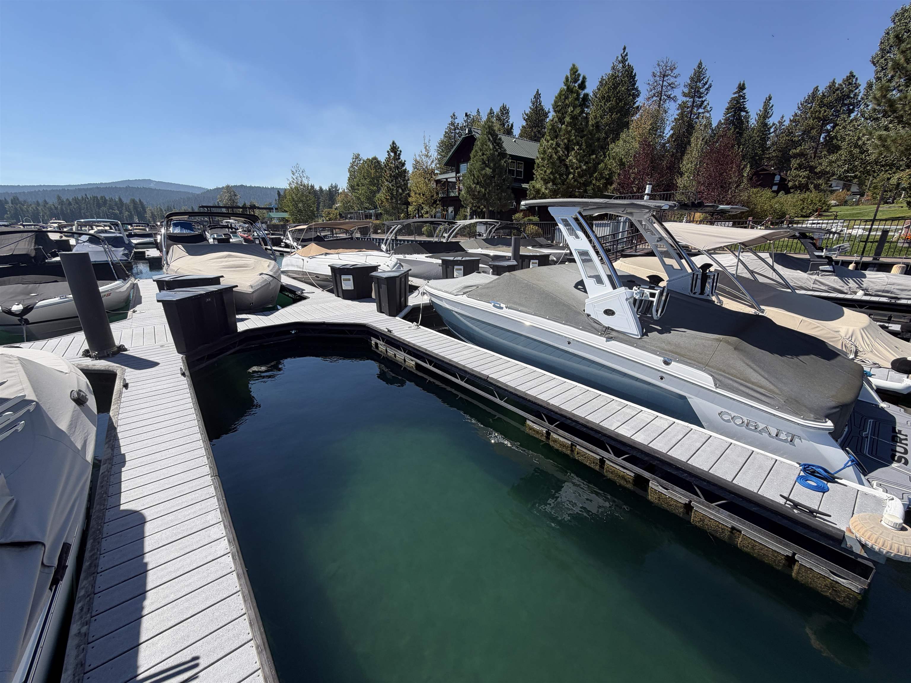 Marina dock crowded with boats, including a white Cobalt motorboat on clear lake water.