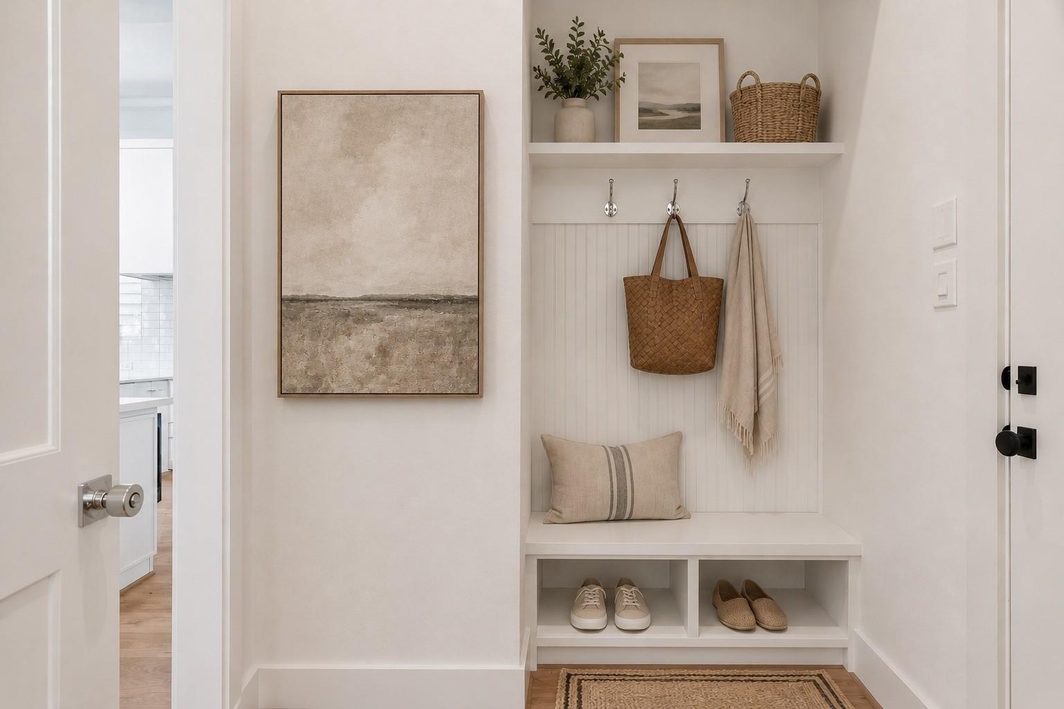 Entryway with a built-in bench, coat hooks, shoe cubbies, and neutral decor.