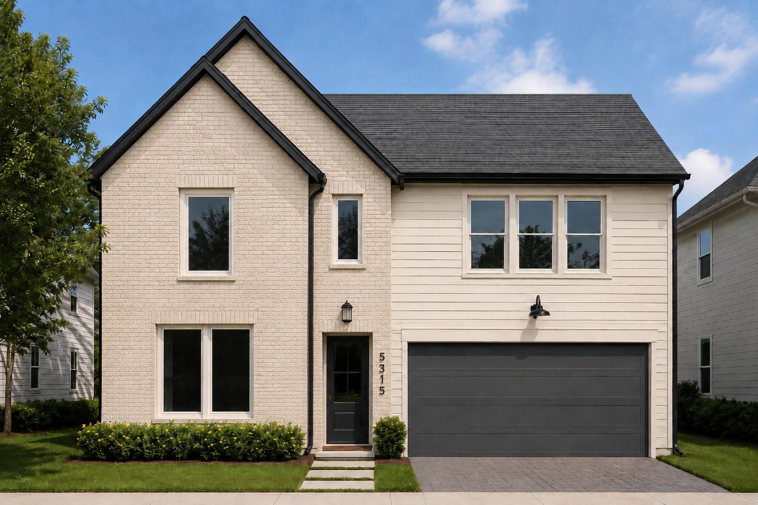 Two-story cream brick and siding home with a dark double garage and front lawn.