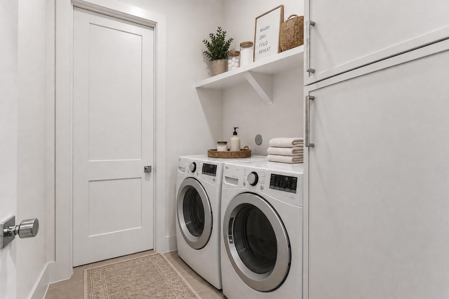 Laundry room with front-loading washer and dryer beneath white cabinets and a shelf with folded towels.