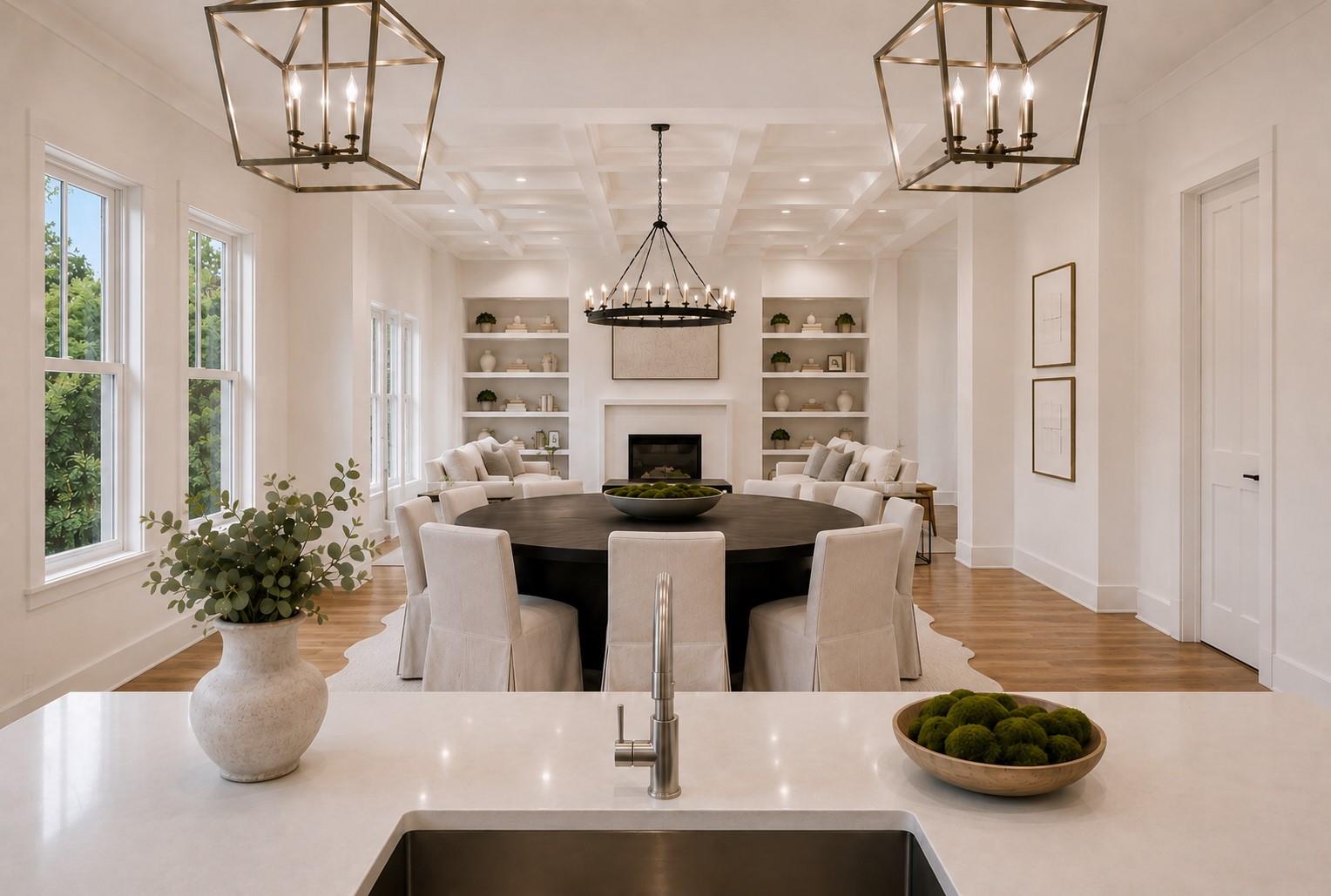Dining room with a round table, coffered ceiling, tall windows, and built-in shelves beside a fireplace.