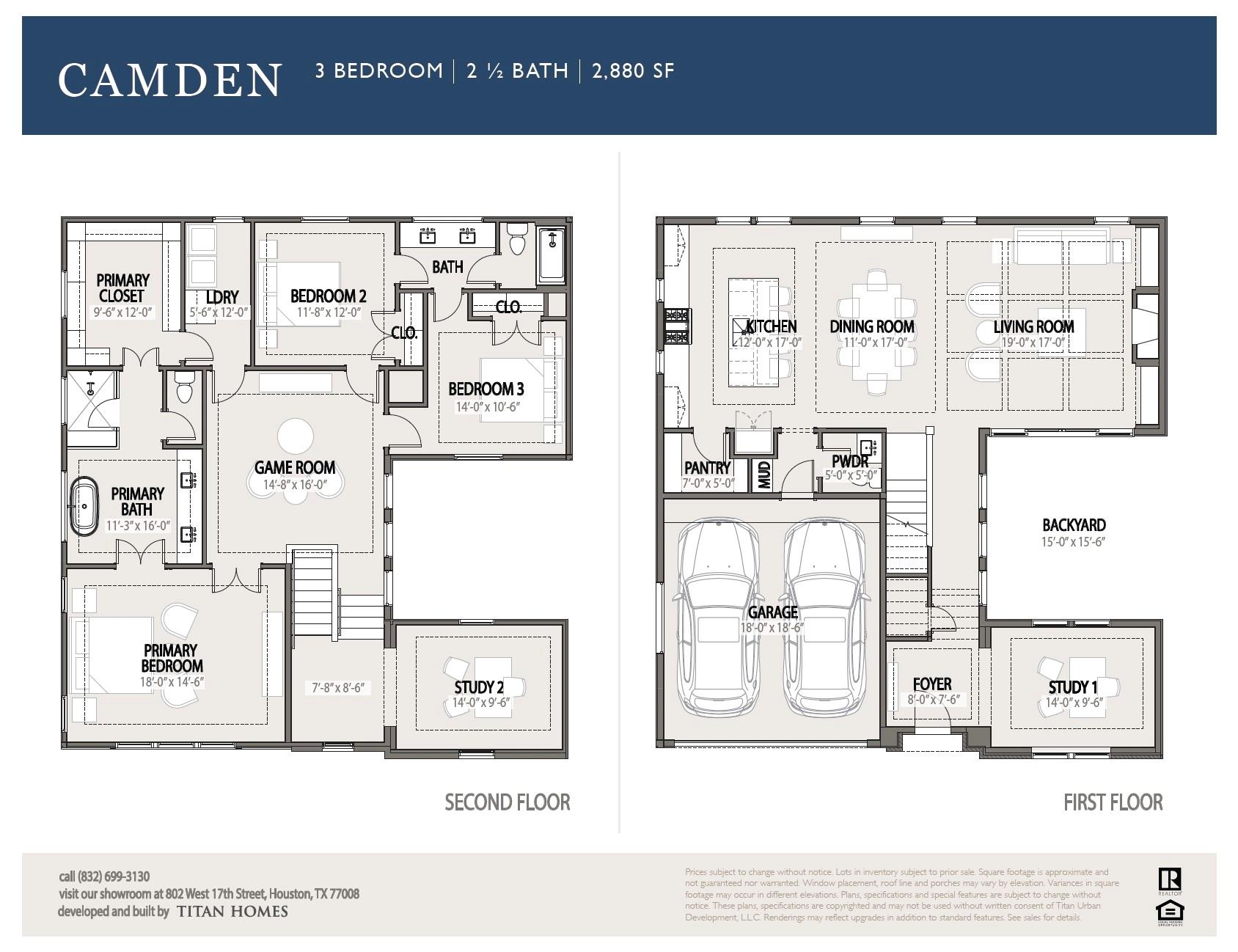 Camden two-story floor plan showing first- and second-floor layouts, room labels, and 2,880 square feet.