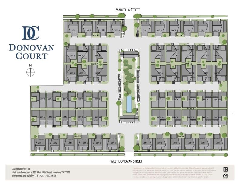 Donovan Court site plan with residential lots around a landscaped central area.