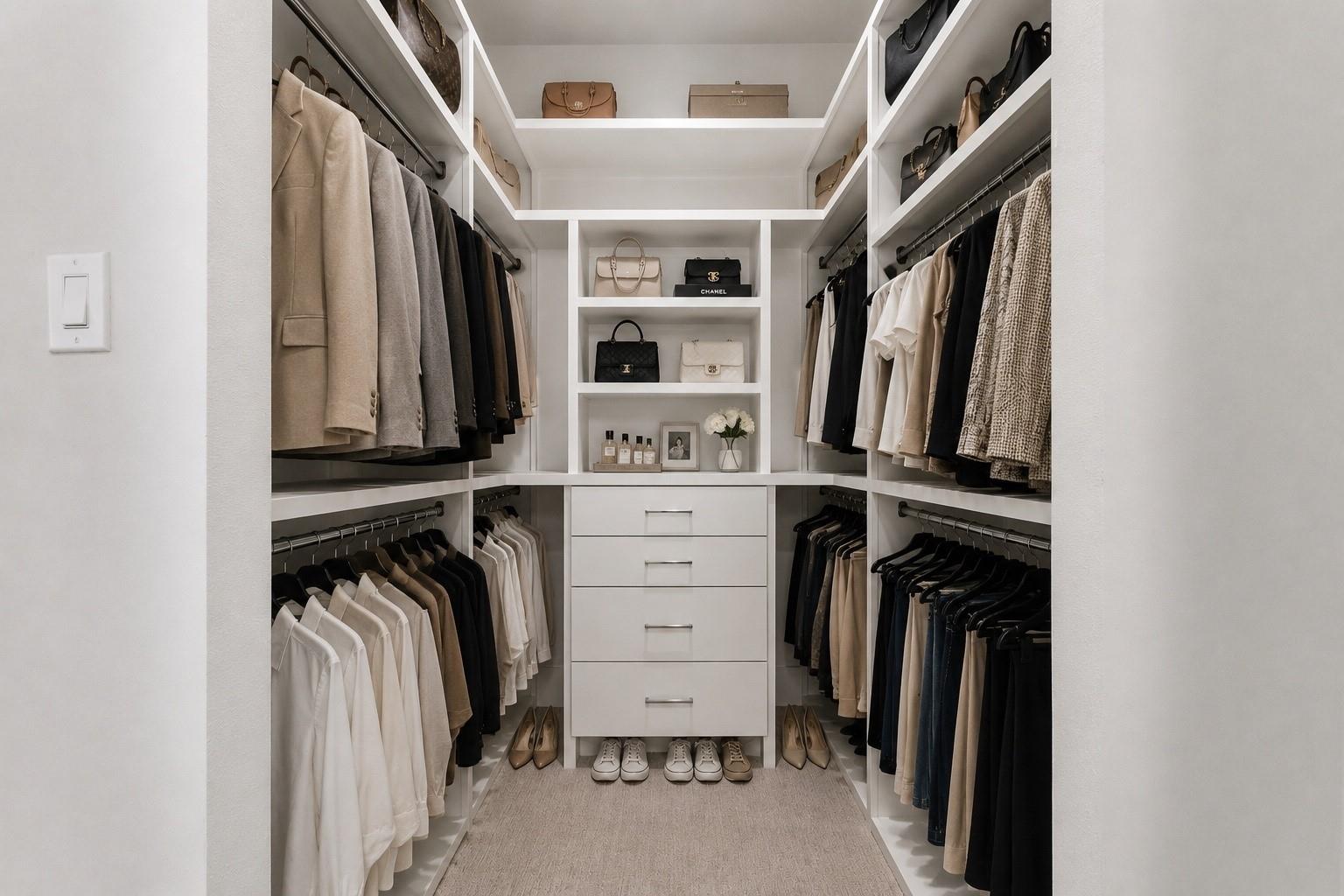 Walk-in closet with white built-ins, neatly arranged clothing, handbags, and shoes.