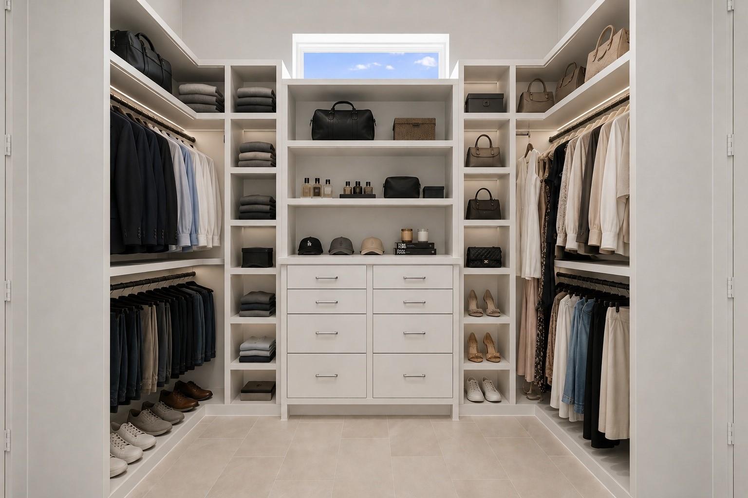 Walk-in closet with white built-ins, clothing on both sides, and a central drawer unit.