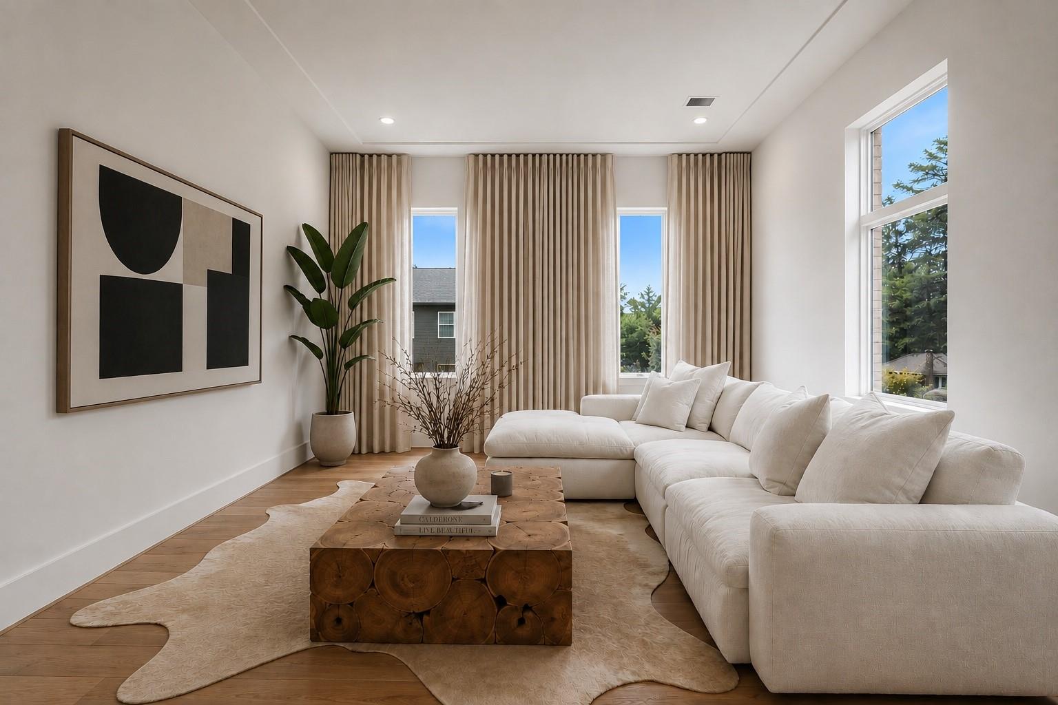 Living room with a white sectional, tall curtained windows, and a sculptural wood coffee table.
