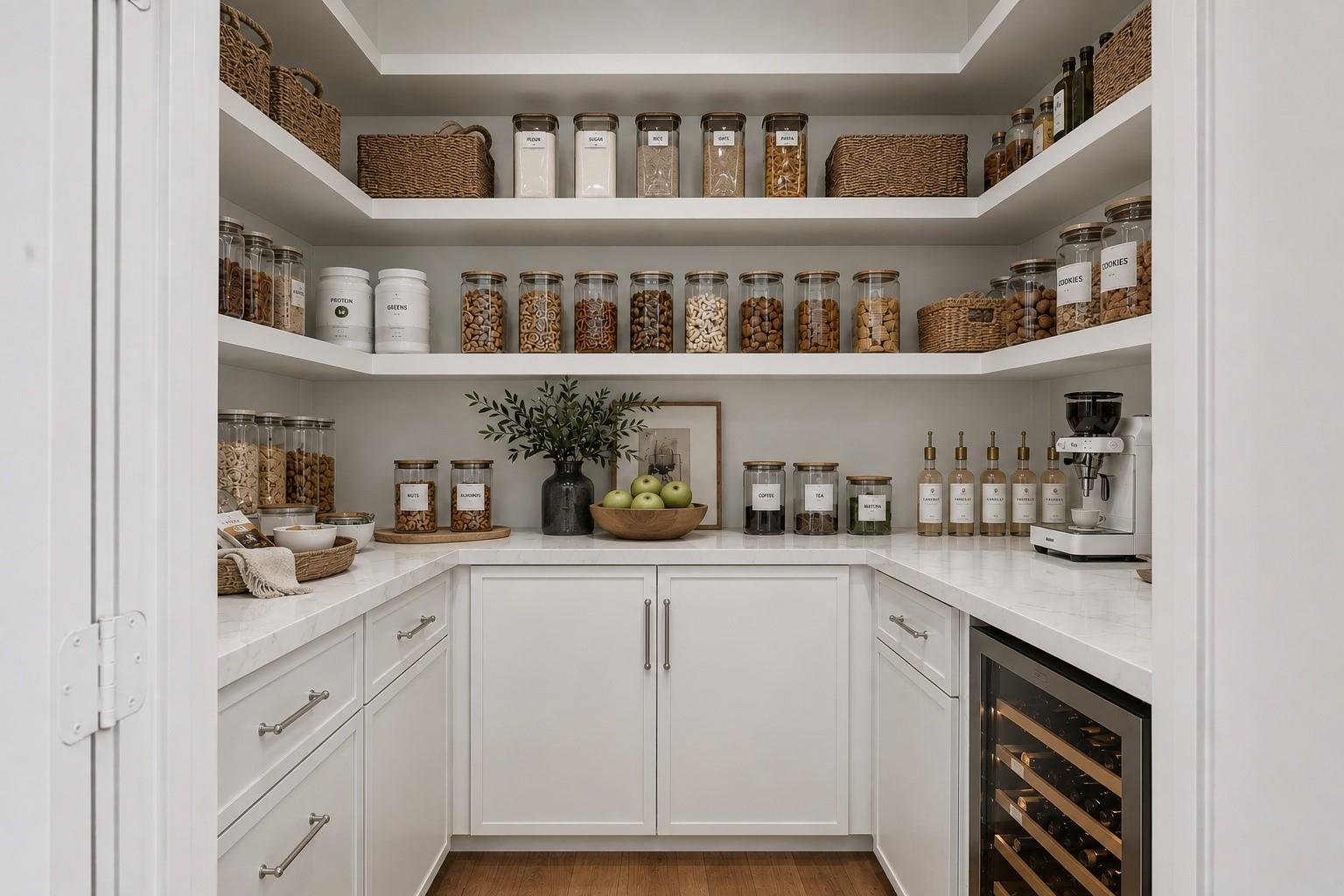 Walk-in pantry with white cabinetry, marble counters, organized jars, a coffee machine, and a wine refrigerator.