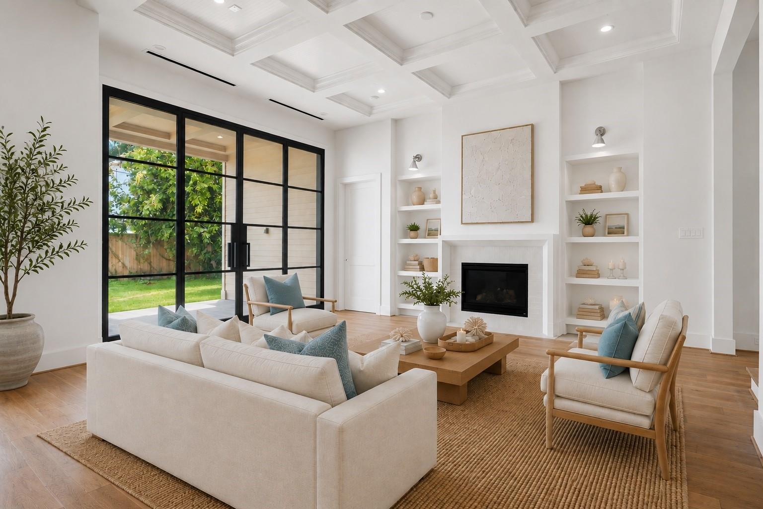 Living room with white sofas, a fireplace, built-in shelves, and black-framed glass doors to the yard.