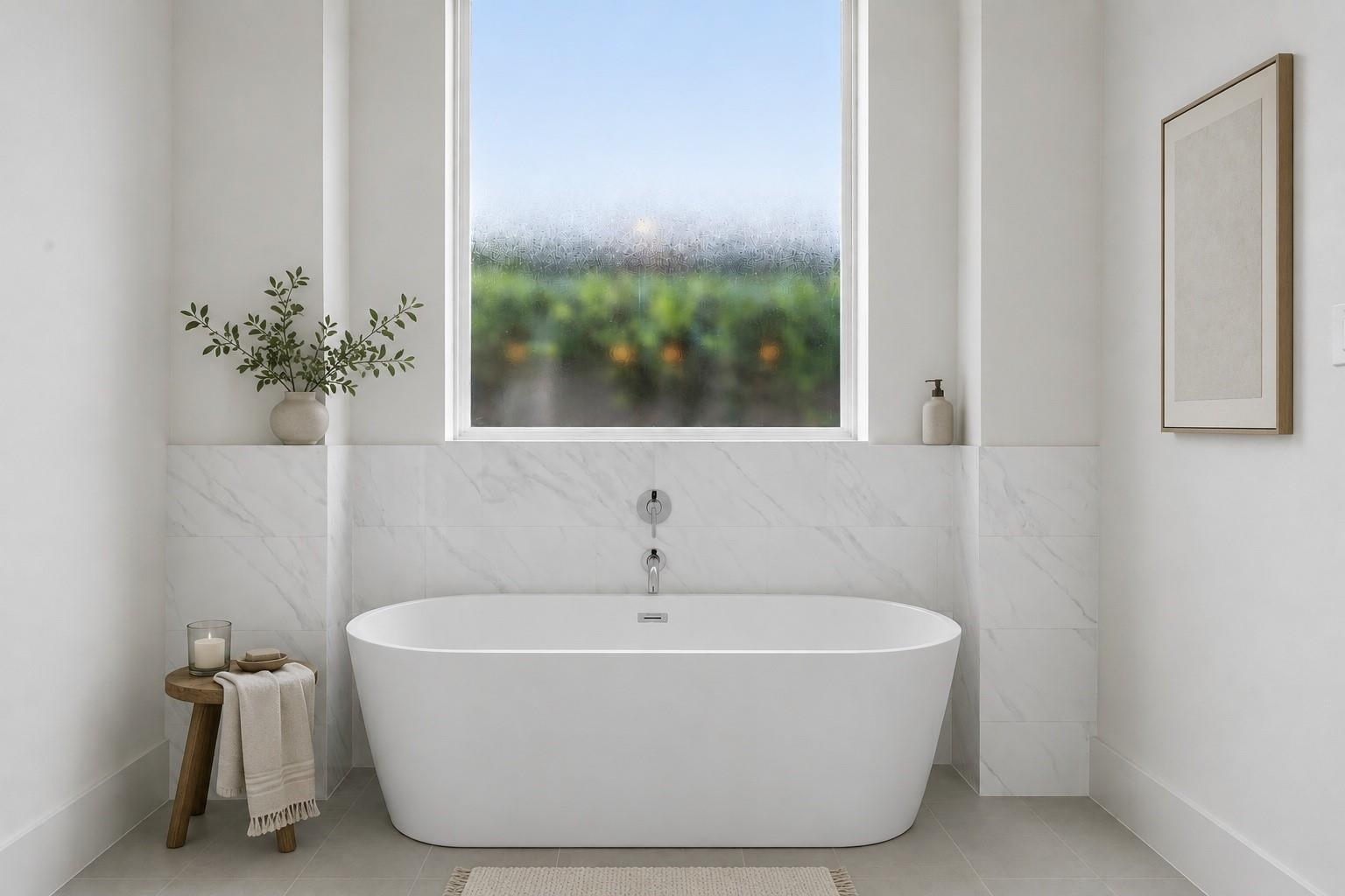 Bathroom with a freestanding white soaking tub beneath a large window and marble-look tile.