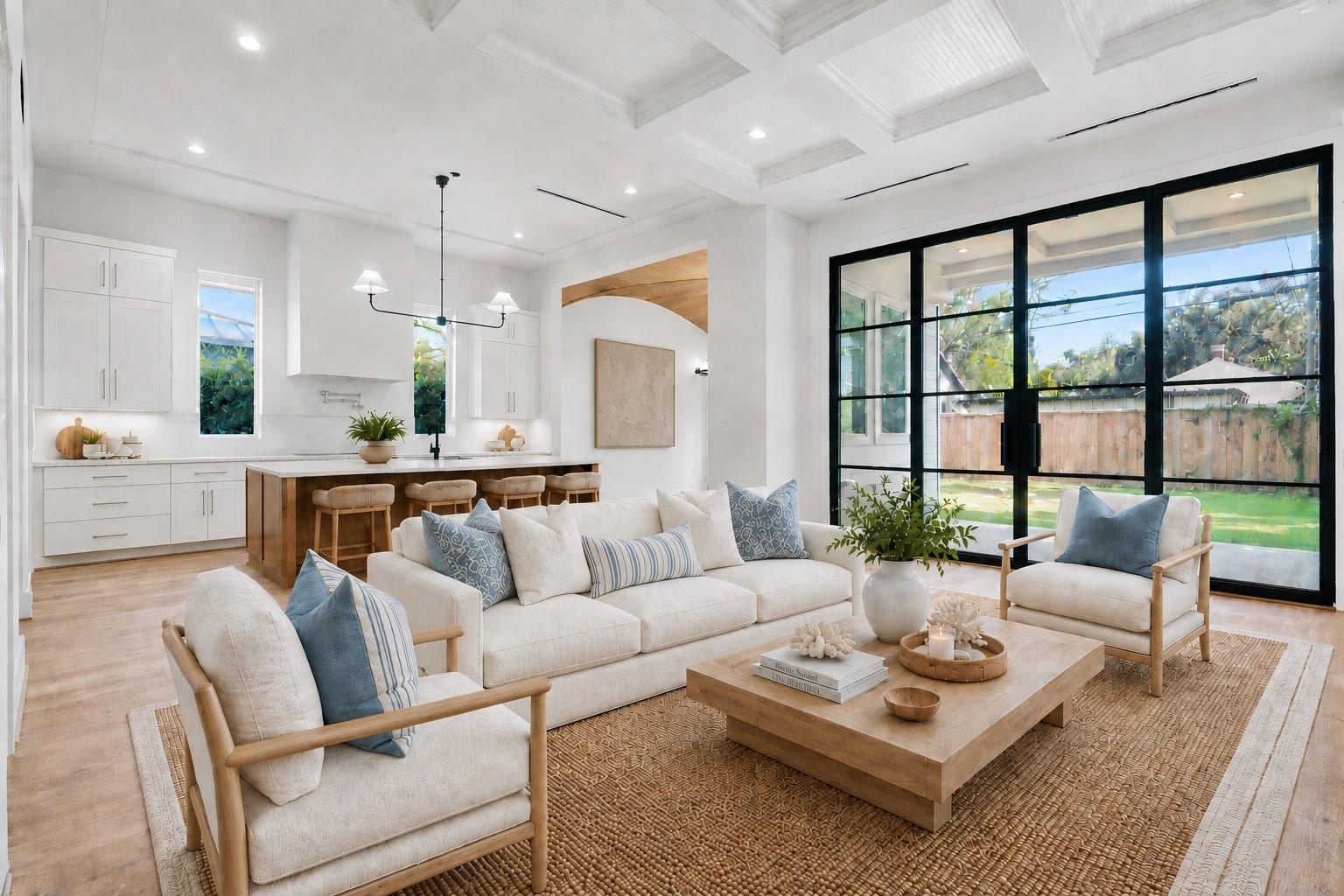 Open-plan living room and kitchen with a wood breakfast bar and black-framed glass doors to the backyard.