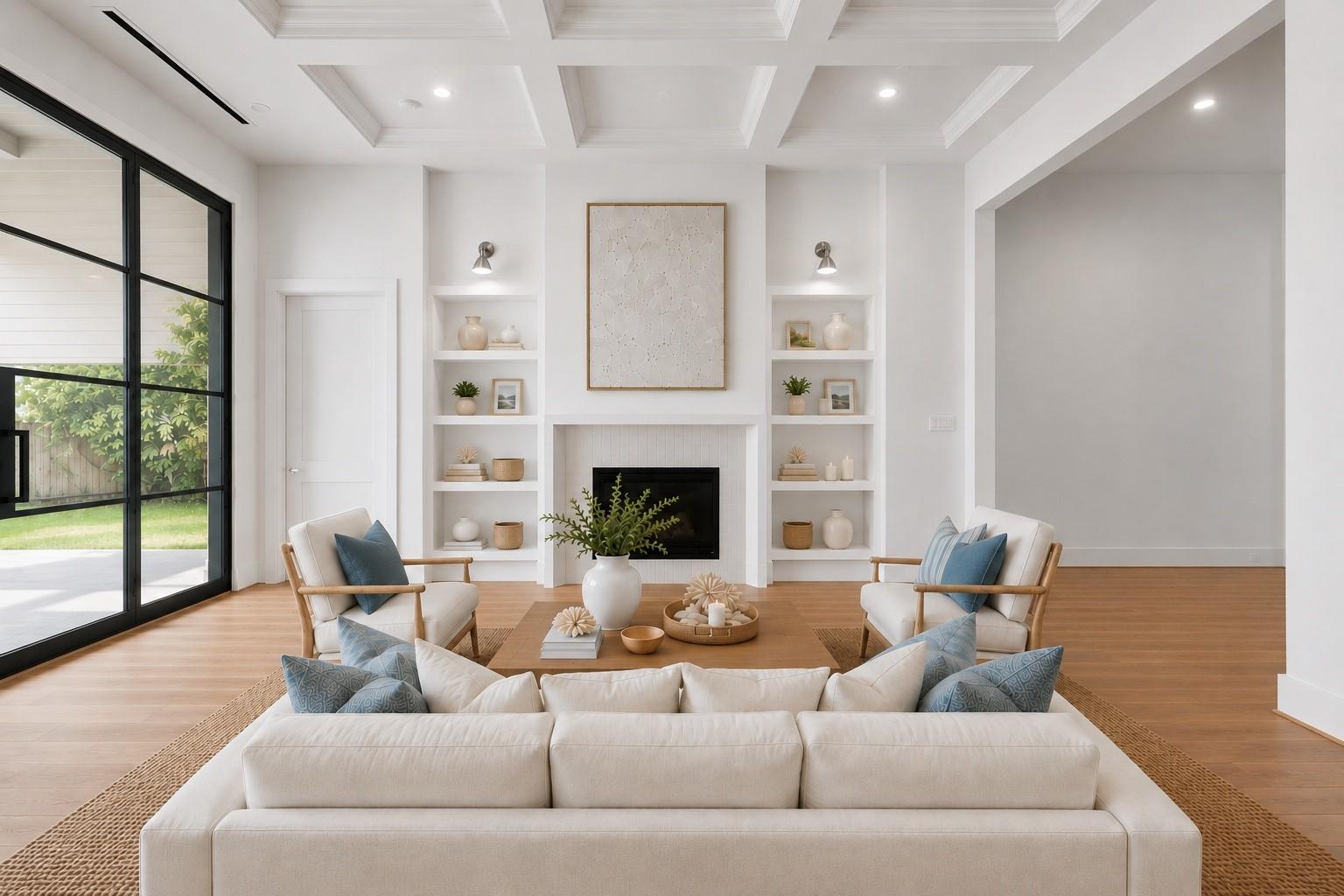 Staged living room with a coffered ceiling, fireplace, built-in shelves, and black-framed glass doors.