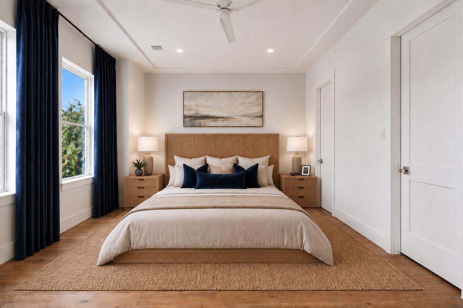 Staged bedroom with a wood slatted headboard, navy curtains, and a large bed.