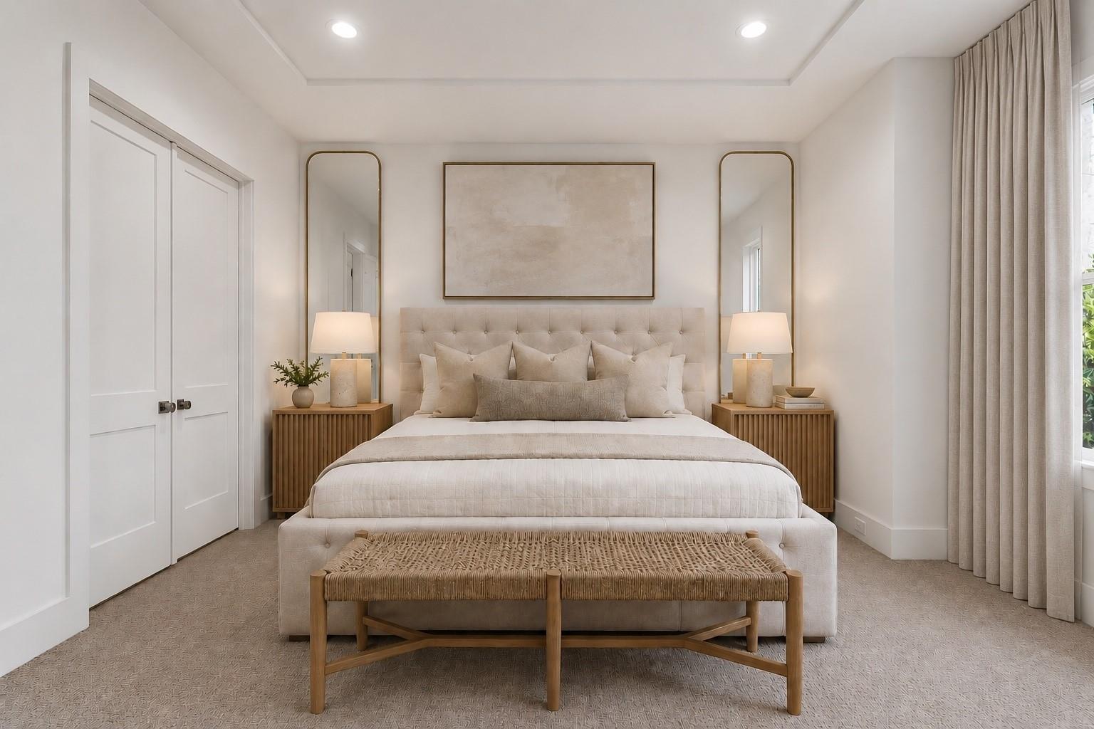 Staged bedroom with an upholstered bed, matching nightstands, tall mirrors, and a woven bench.