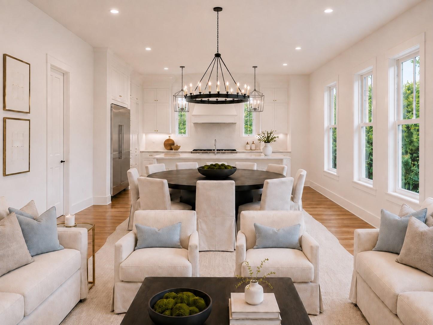 Open-plan kitchen and living area with white cabinetry, a round dining table, and tall windows overlooking greenery.