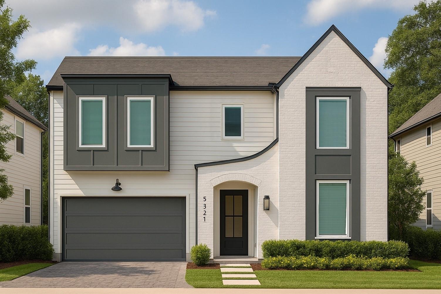 Two-story white-and-charcoal house with a double garage and the number 5321 beside its front door.