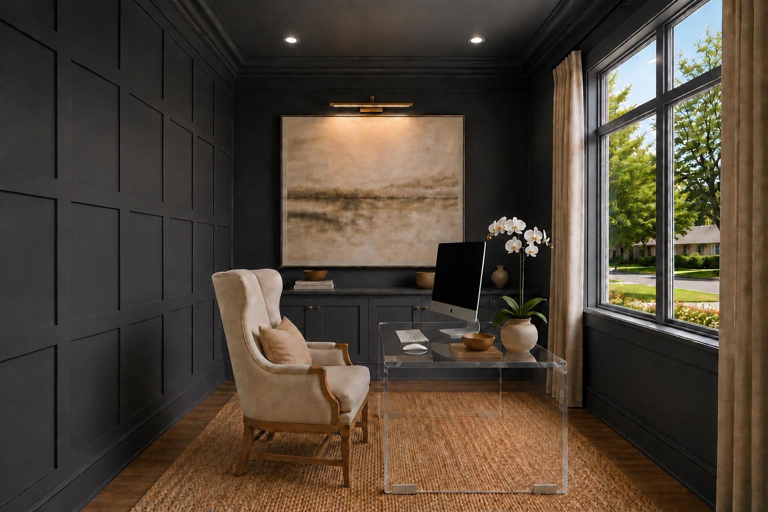 Home office with charcoal paneled walls, a beige wingback chair, and a large window overlooking greenery.