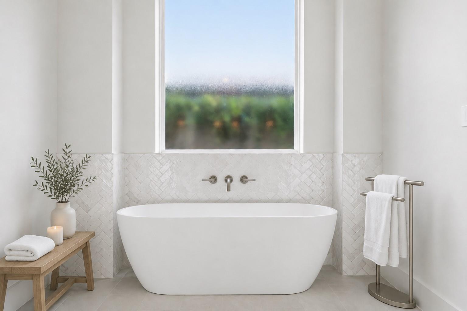 Bathroom with a freestanding tub beneath a large window and white patterned tile.
